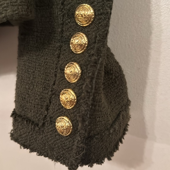 ZARA army green NEW tweed cropped blazer w/ shoulder pads & gold buttons-Sz.XXL - Picture 7 of 14